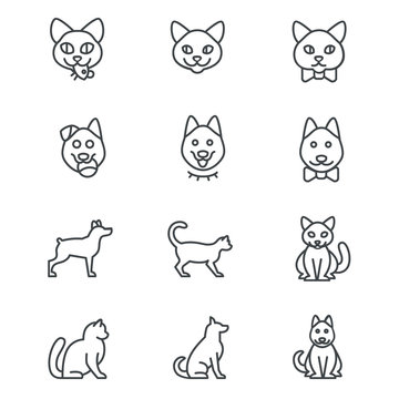 Icons of cats and dogs in different positions as line icons / Ages and different positions of cats and dogs
