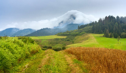 Summertime landscape with dirt road and view at covered with white clouds mount Velky Choc (Great Choc), Zilina Region in the Slovakia