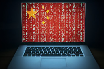 Chinese hacker. Laptop with binary computer code and china flag on the screen. Internet and network...
