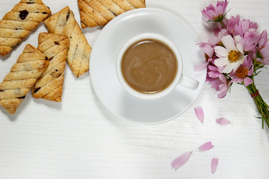 Breakfast on a white wooden background