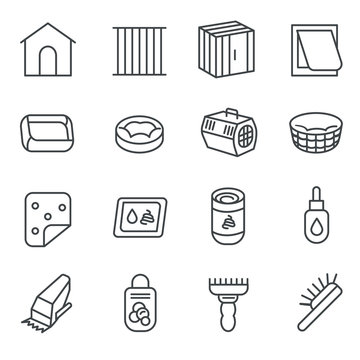 Dog care items as line icons, set one / There are some dog and cat care items like pillow, cage, toilet, and brush
