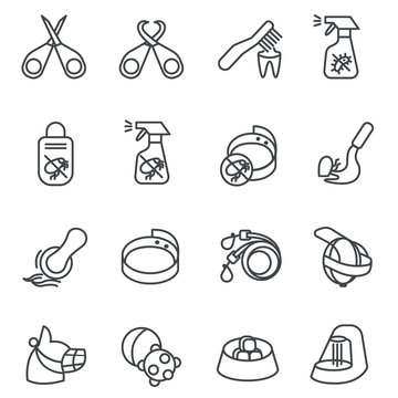 Dog care items as line icons, set two / There are some dog and cat care items like scissors, toothbrush, toys and breast-band
