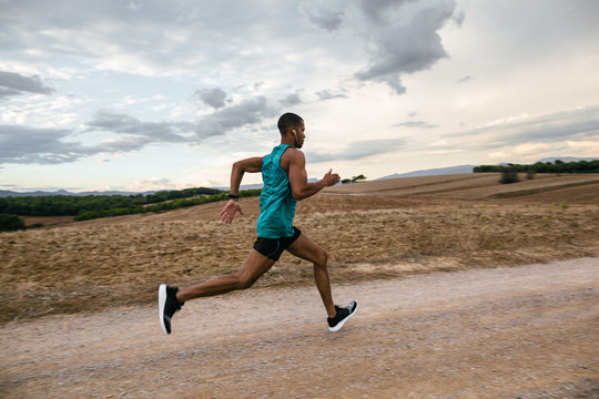 Runner training on a field path in autumn.