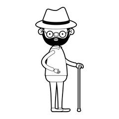 caricature full body elderly man in walking stick with moustache and hat with glasses in black silhouette sections