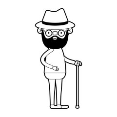 caricature full body elderly man in walking stick with beard and hat with glasses in black silhouette sections