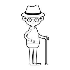 caricature full body grandfather in walking stick with glasses in black silhouette sections
