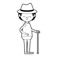 caricature full body grandfather in walking stick with curly hair in black silhouette sections