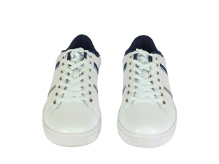 Pair of white leather sneakers on white background