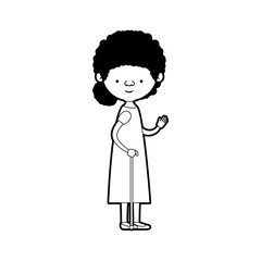 caricature full body elderly woman in walking stick with dress and curly side bun hairstyle in black silhouette sections