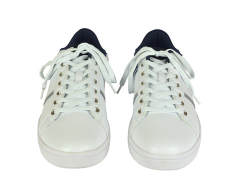 Pair of white leather sneakers on white background