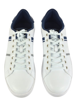 Pair of white leather sneakers from above on white background