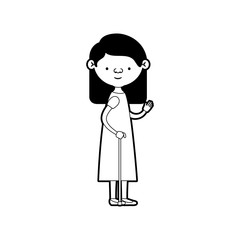 caricature full body elderly woman in walking stick with dress and straight medium hairstyle in black silhouette sections