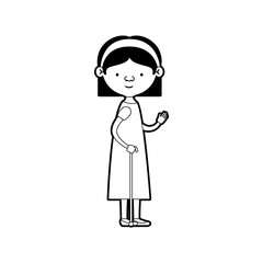 caricature full body elderly woman in walking stick with dress and bow lace straight short hairstyle in black silhouette sections