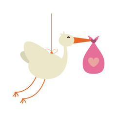 stork carrying pink bag baby related icon image vector illustration design 