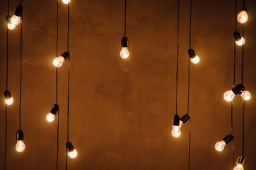 garland of edison lamps on a wooden background
