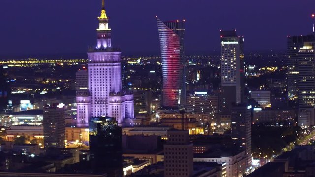 Warsaw downtown at night, aerial shot