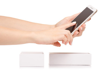 Female hand holding a mobile phone smartphone box