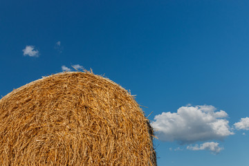 Straw bale in front of a blue sky with some clouds