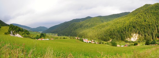 Mountains Tatra landscape with green forest, blue clouds and meadow