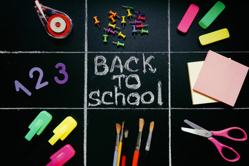 School stationery, mathematical formulas on black drawn board concept back to school