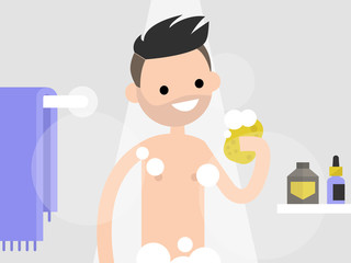 Young character taking a shower in a bathroom. flat editable vector illustration, clip art