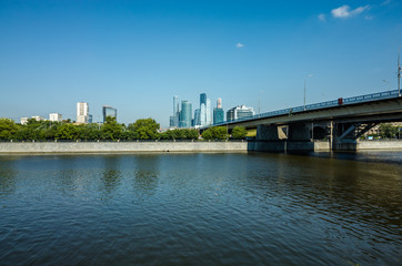 Luzhnetskaya embankment, view of Moscow-city and the river, Moscow