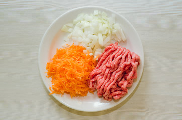 Raw minced meat and fresh vegetables. Ingredients for home cooking.