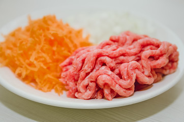 Raw minced meat and fresh vegetables. Ingredients for home cooking.
