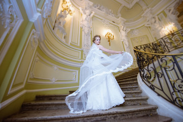 Beauty bride in bridal gown with lace veil indoors