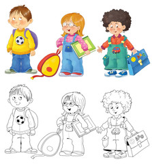 Fototapeta na wymiar Back to school. Cute schoolchildren ready for school. Coloring page. Poster. Funny cartoon characters