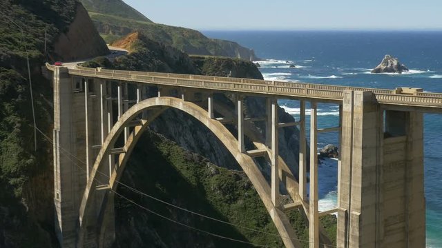 Closeup, panning view of Bixby Creek Bridge in the Big Sur area of Central California.