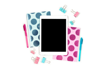 Flat lay photo of office white desk with tablet and stylish pink blue notebook copy space background