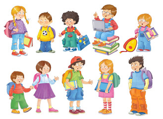 Fototapeta na wymiar Back to school. Cute schoolchildren ready for school. Coloring page. Poster. Funny cartoon characters