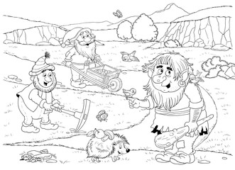 Cute dwarfs and a troll. Fairy tale characters. Coloring page. Illustration for children