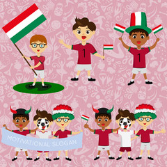 Set of boys with national flags of Hungary. Blanks for the day of the flag, independence, nation day and other public holidays. The guys in sports form with the attributes of the football team