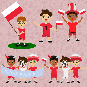 Set of boys with national flags of Poland. Blanks for the day of the flag, independence, nation day and other public holidays. The guys in sports form with the attributes of the football team