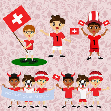 Set of boys with national flags of Switzerland. Blanks for the day of the flag, independence, nation day and other public holidays. The guys in sports form with the attributes of the football team