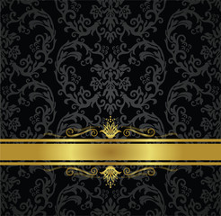 Seamless black floral wallpaper and gold ribbon