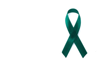 green teal bow ribbon on white background. Mitochondrial diseases and kidney cancer concept