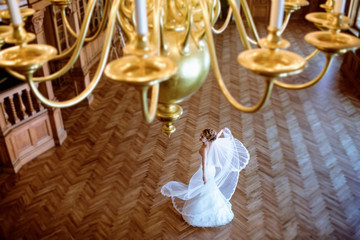 Beauty bride in bridal gown with lace veil indoors
