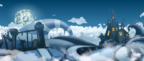 Photo sur Aluminium Ciel bleu Fond d& 39 Halloween. Panorama de paysage de dessin animé, graphiques vectoriels 3d