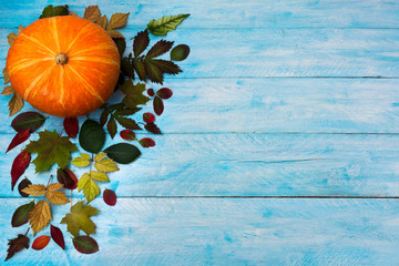 Happy Thanksgiving with fall leaves on blue background