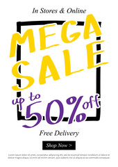 Banner Mega Sale Up To 50 percent vector illustration. Poster Discounts Up To 50 percent creative concept. Flyer layout Discounts Up To 50 percent A4 size, ready to print.