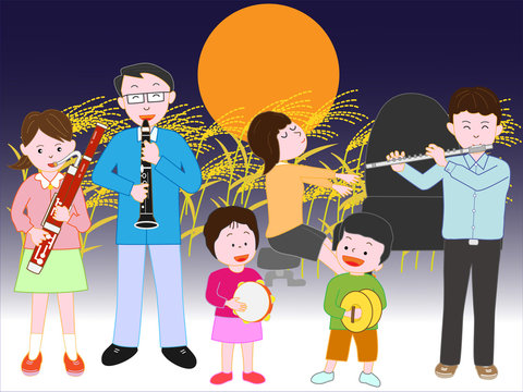 家族による秋の満月の夜のコンサート