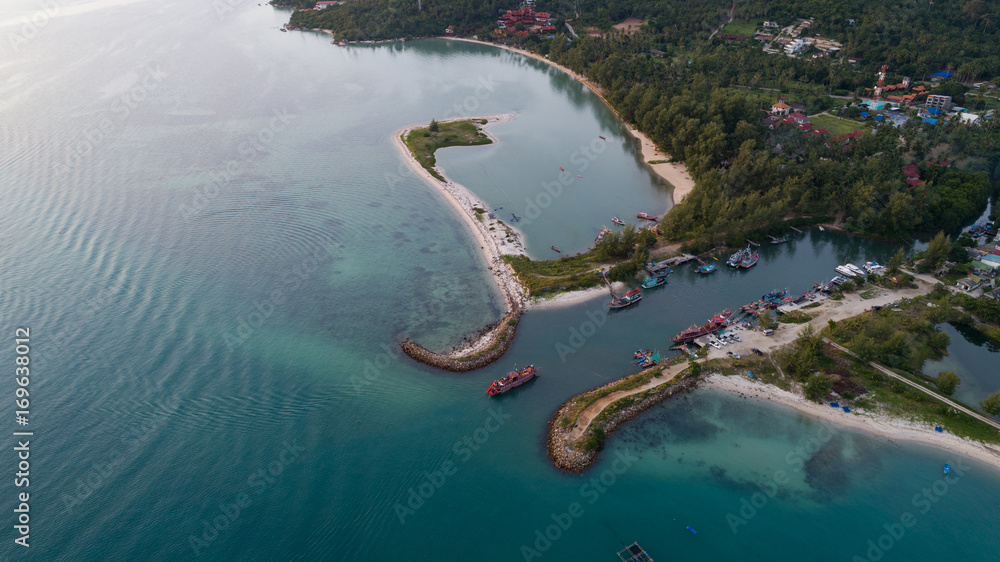 Wall mural Aerial view of Koh Phangan fisherman marina and boat tour