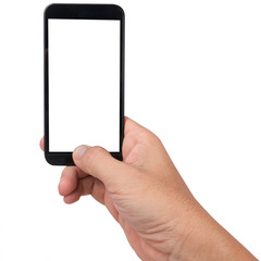 Mobile phone in hand with finger for retouch  isolated on white background