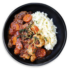 Osso Bucco Beef Stew with Potato Mash Top View Isolated