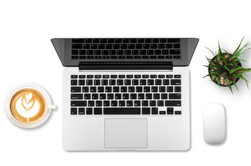 Modern workplace with notebook and coffee cup copy space on gray background. Top view. Flat lay...