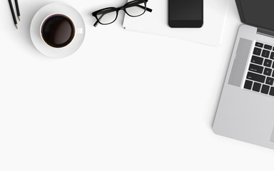 Modern workspace with laptop, coffee cup, eyeglasses and smartphone copy space on color background. Top view. Flat lay style.