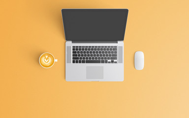 Modern workspace with coffee cup and laptop copy space on orange color background. Top view. Flat...